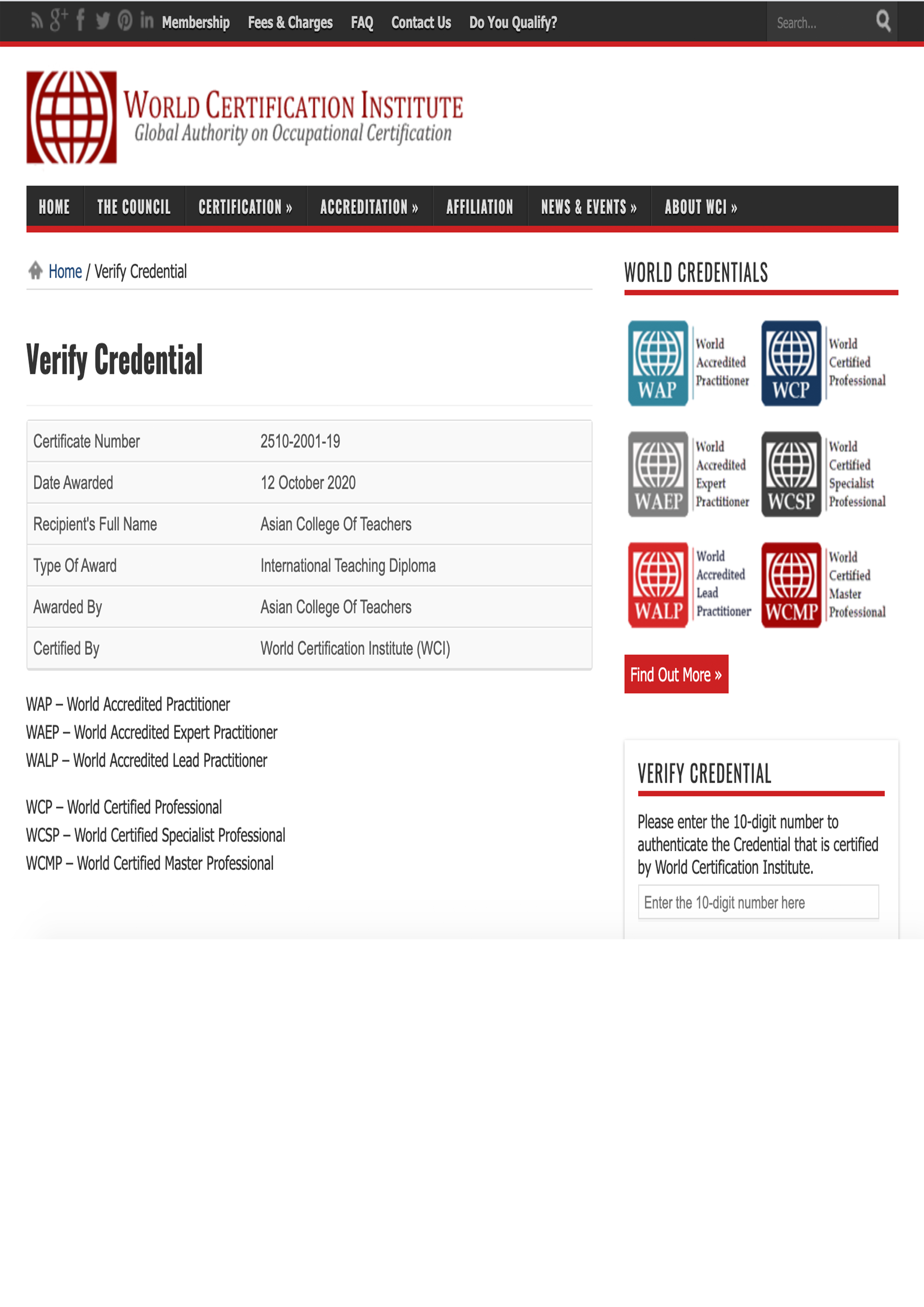Verify Credential of Asian College of Teachers by WCI